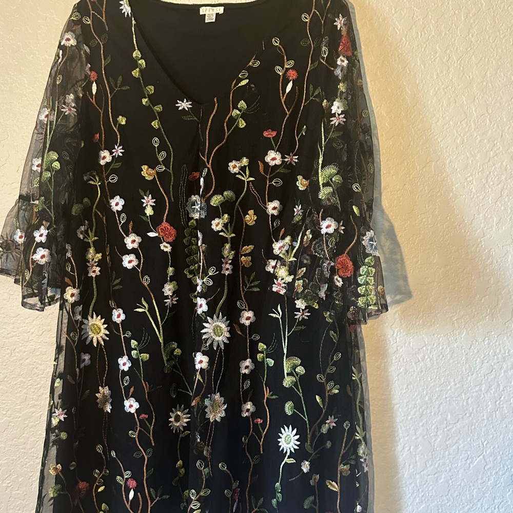 Spense Black Dress with Floral Embroidery